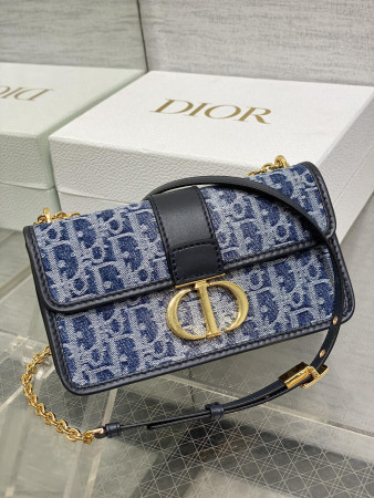 D*or 30 montaigne east-west bag with chain blue denim D*or oblique jacquard  21 x 12 x 6 cm