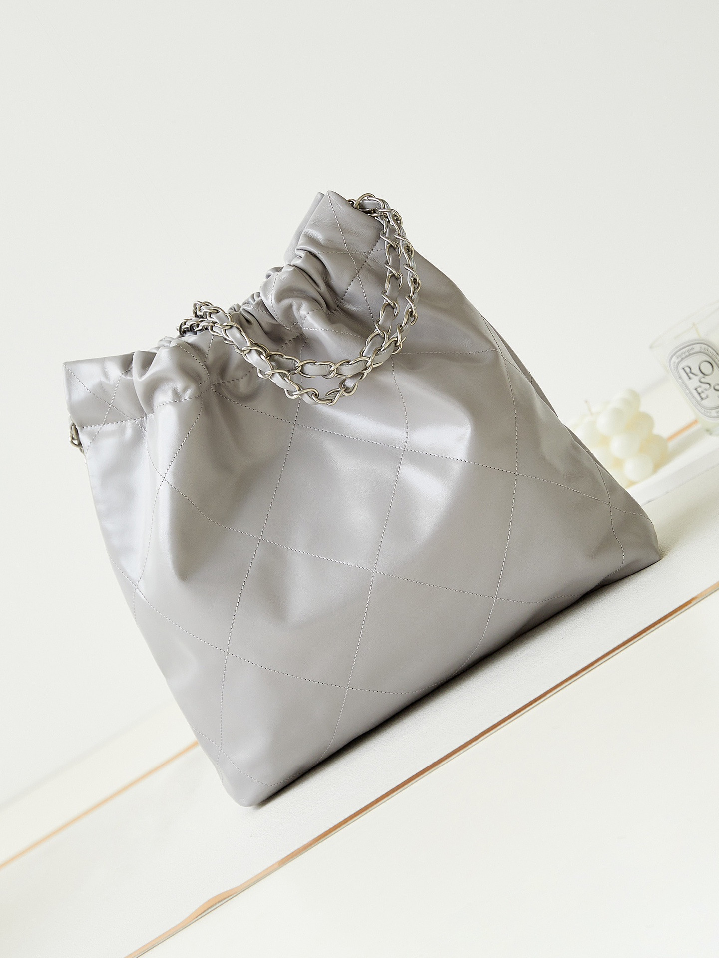 Ch*el 22 small handbag shiny calfskin grey 13.7×14.4×2.7 in