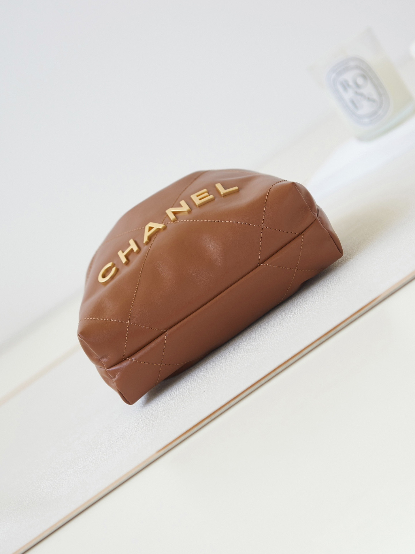 Ch*el 22 mini handbag shiny calfskin brown 7.8 × 7.4 × 2.3 in