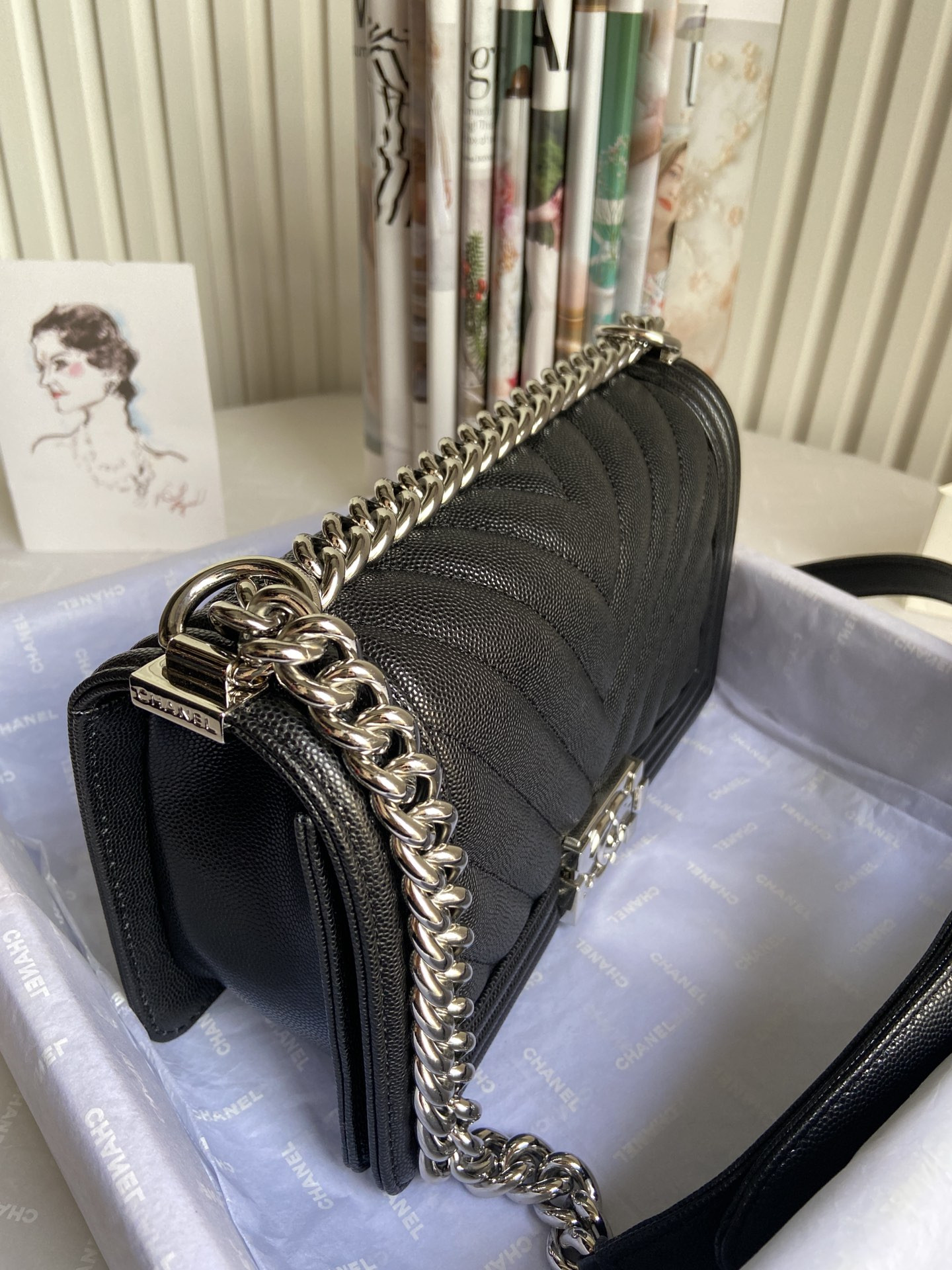 boy Ch*el handbag shiny grained calfskin & silver-tone metal black 5.9 × 9.8 × 3.5 in