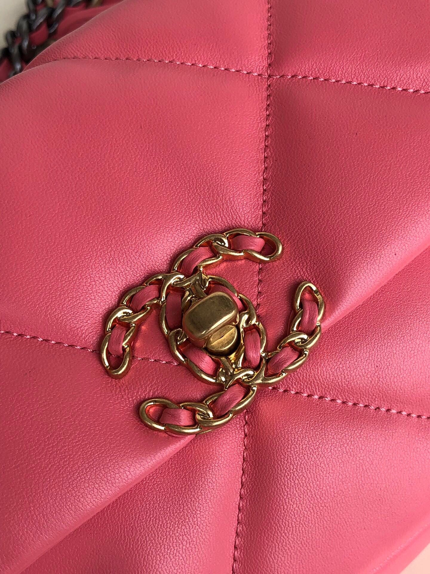 Ch*el 19 handbag shiny leather, gold-tone, silver-tone & ruthenium-finish metal pink 6.2 × 10.1 × 3.5 in