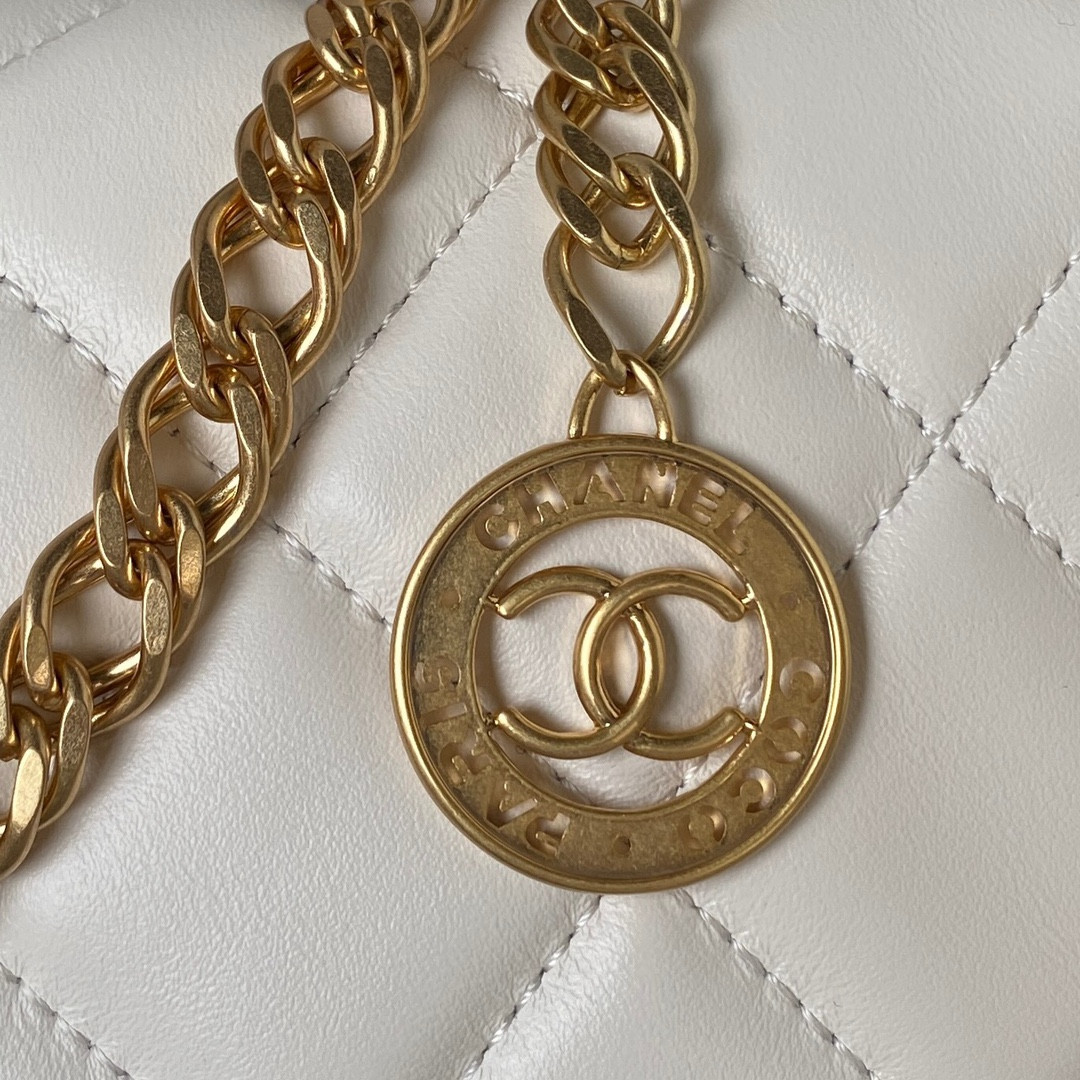 Ch*el small classic handbag grained shiny calfskin & gold-tone metal white 5.7 × 9 × 2.3 in