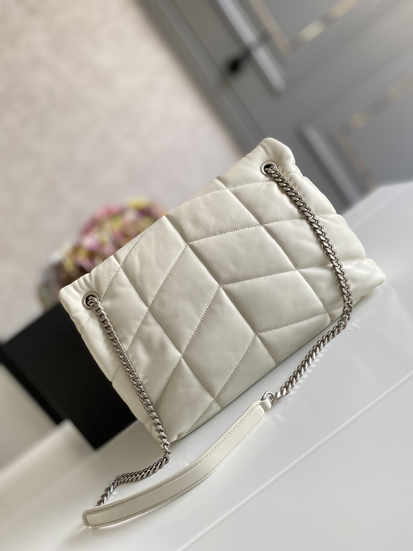 Y*L puffer medium in nappa leather white silver 13.7 x 9 x 5.3 inches