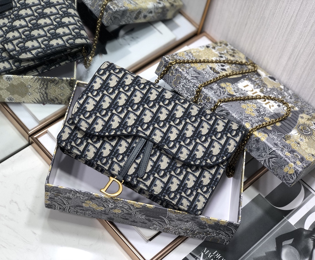 D*or saddle pouch  blue D*or oblique jacquard 8.5 x 5.5 x 1.5 inches