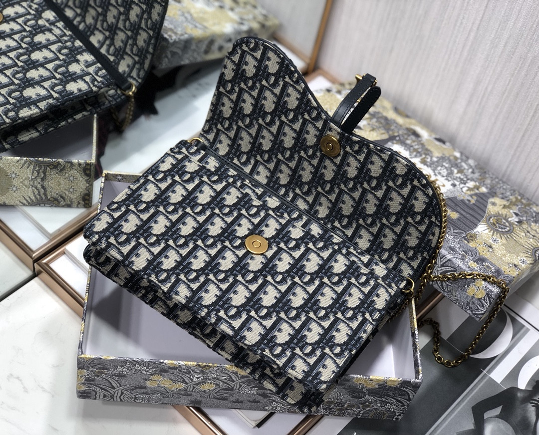 D*or saddle pouch  blue D*or oblique jacquard 8.5 x 5.5 x 1.5 inches